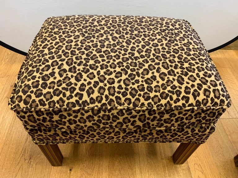 Berhardt Leopard Print Ottoman Stool with Nailhead Trim