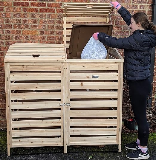 BinGarden Double Wooden Slatted Wheelie Bin Store with Bi-Fold Roof ...