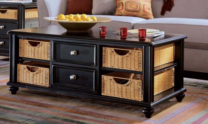 Black Coffee Table with Wicker Basket Storage