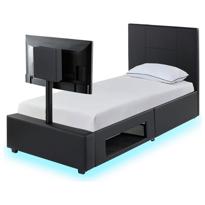 Black Gaming Bed Frame with Mounted TV and LED Lighting