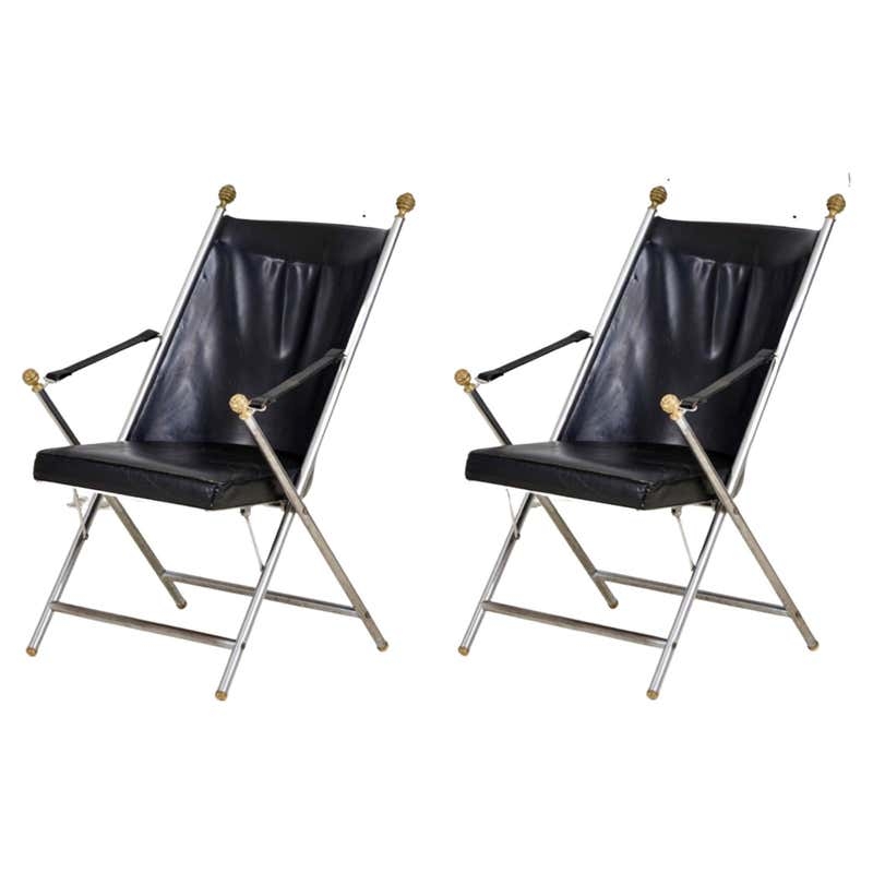 Black Leather Campaign Folding Chairs with Brass Accents
