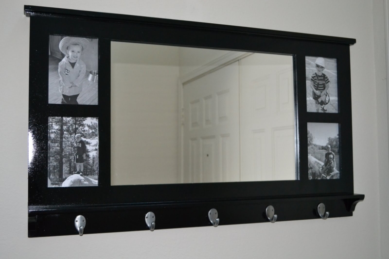 Black Wall Mirror with Shelf and Photo Hooks