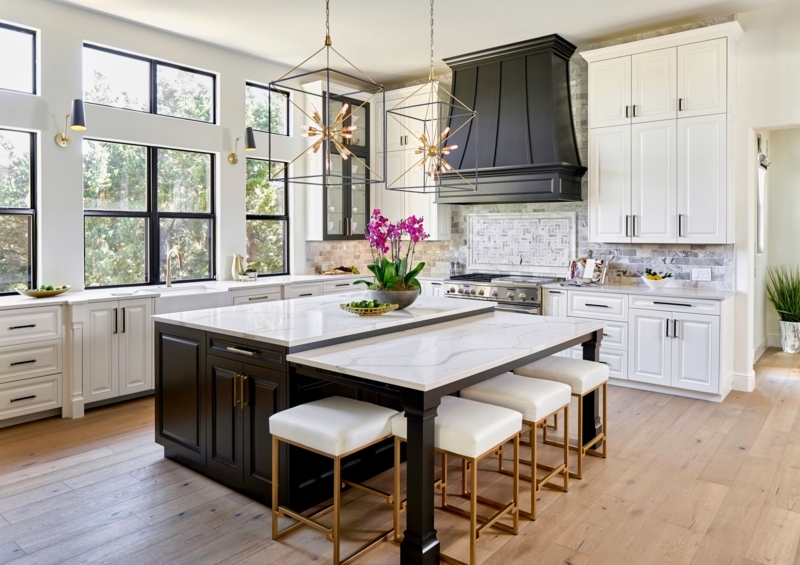 Black, White & Gold Transitional Kitchen with European Oak Wood Floors ...