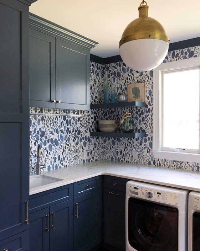 Blooms Wallpaper in Navy | Blue laundry rooms, Blue kitchen wallpaper ...