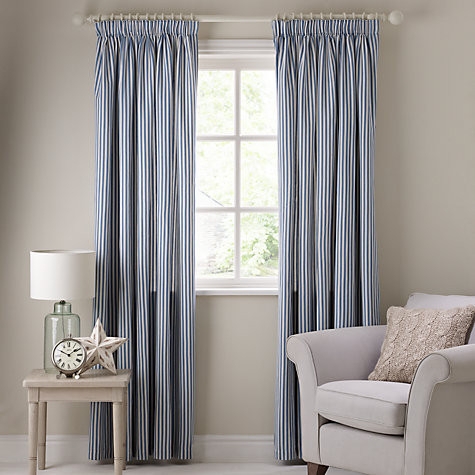 Blue and White Ticking Stripe Curtains in Living Room
