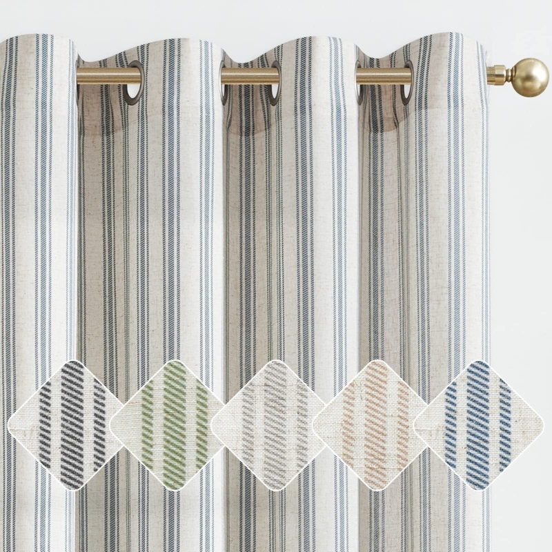 Blue Striped Linen Curtains for Farmhouse Living Room
