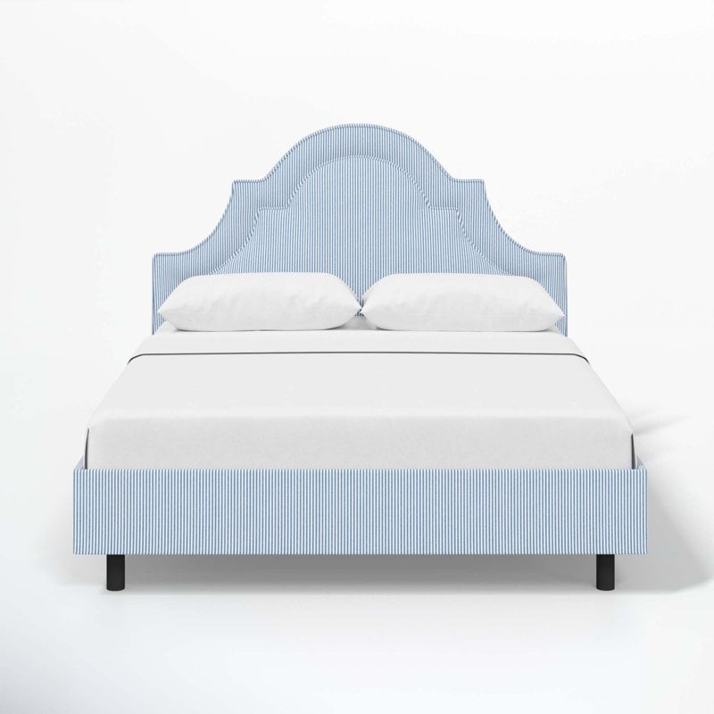 Blue Striped Upholstered Scalloped Bed Frame