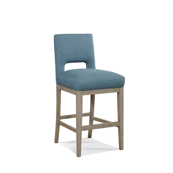 Blue Upholstered Bar Stool with Wooden Legs