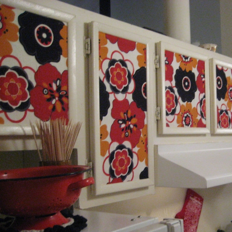 Bold Floral Wallpaper Covers Kitchen Cabinets