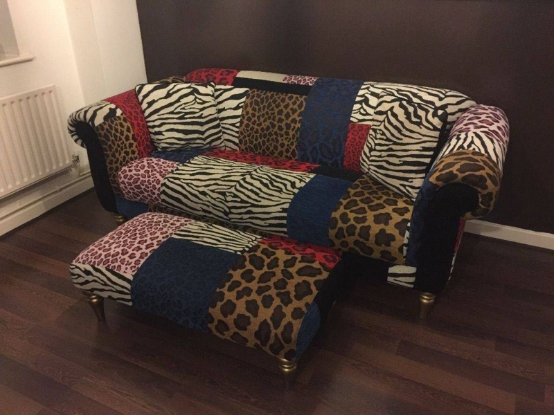 Bold Patchwork Animal Print Sofa and Ottoman