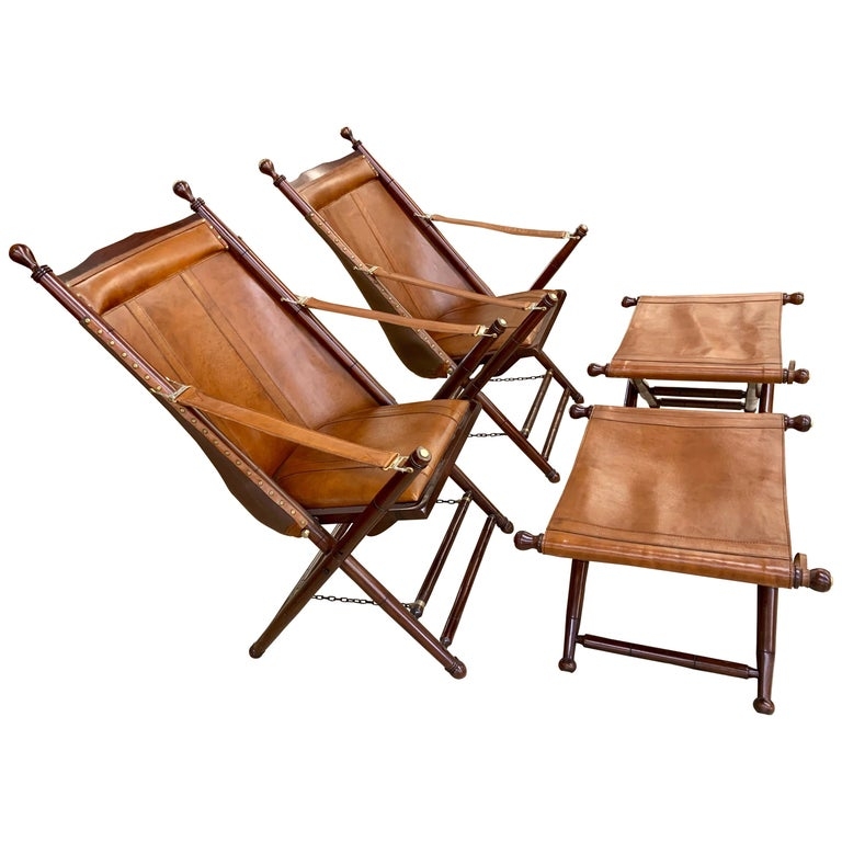 Brown Leather Campaign Folding Chairs with Ottomans
