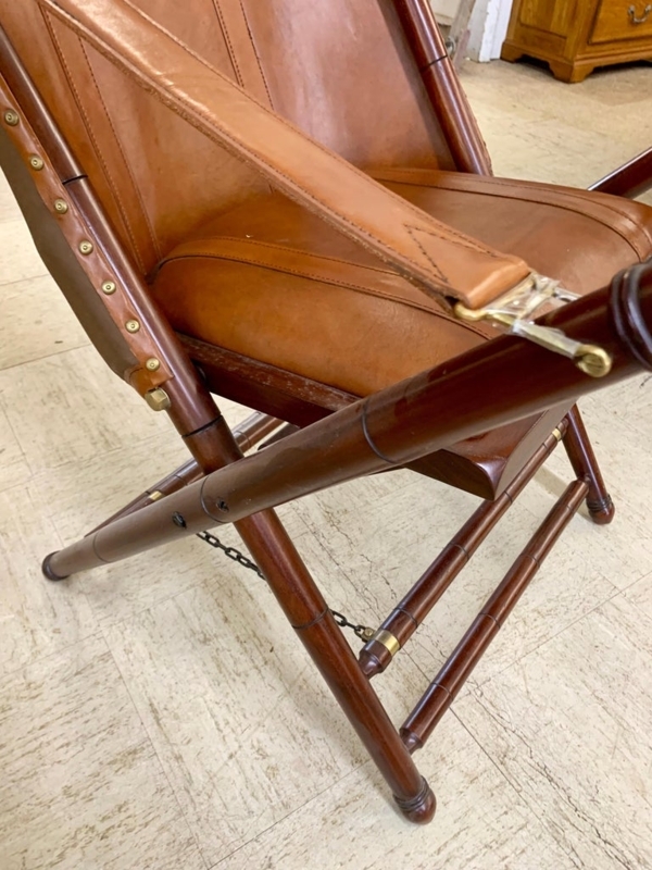Brown Leather Campaign Folding Chairs with Wood Frame