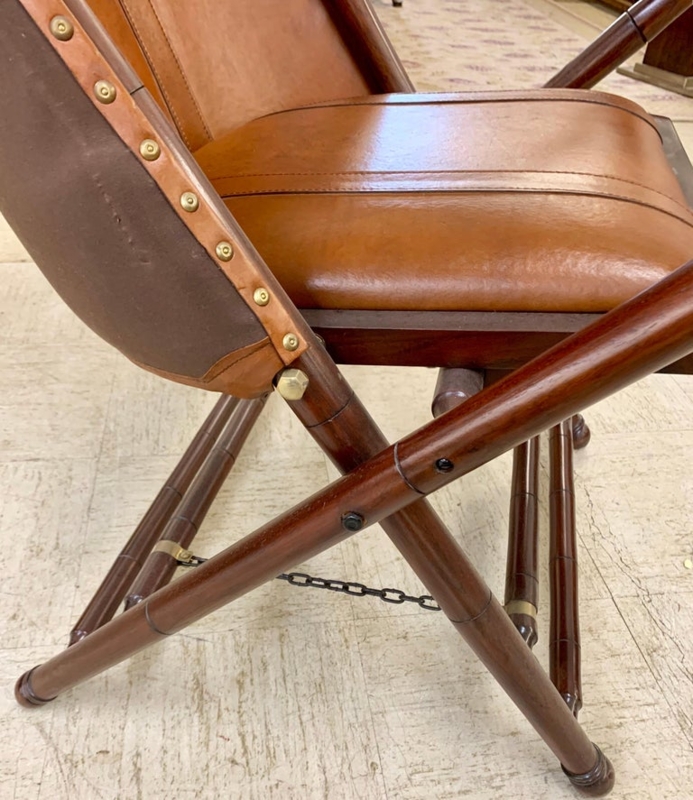 Brown Leather Campaign Folding Chairs with Wooden Frame