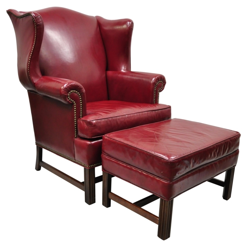 Burgundy Red Leather English Georgian Wingback Chair