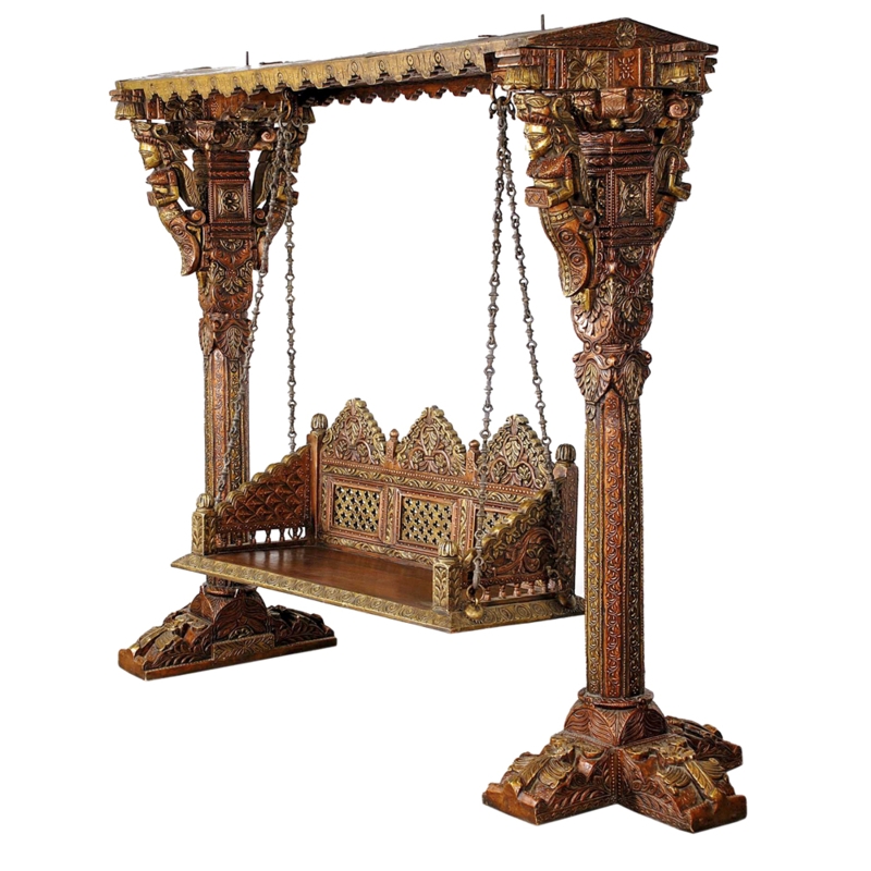 Carved Wooden Traditional Indian Swing with Chains