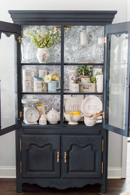 Chalk Painted China Cabinet with Floral Wallpaper