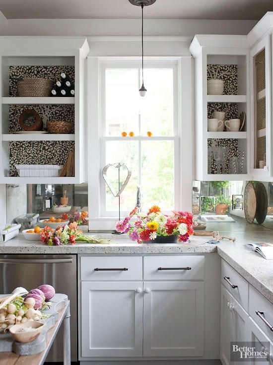 Chic Kitchen Cabinets Enhanced with Patterned Wallpaper