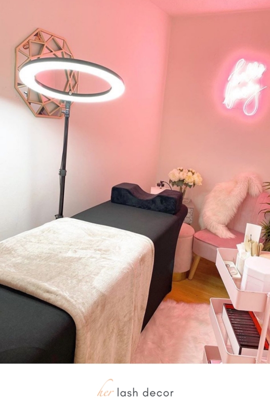 Chic Lash Studio Treatment Bed with Pink Accent Decor