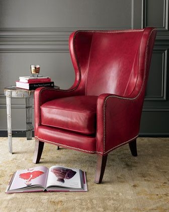 Classic Red Leather Wingback Chair in Family Room