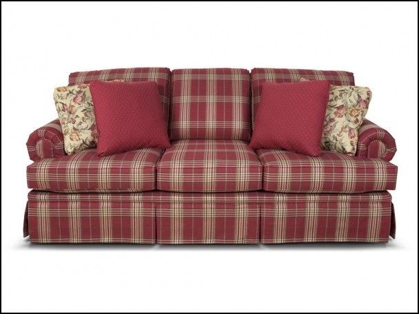 Classic Red Plaid Sofa with Floral Accent Pillows