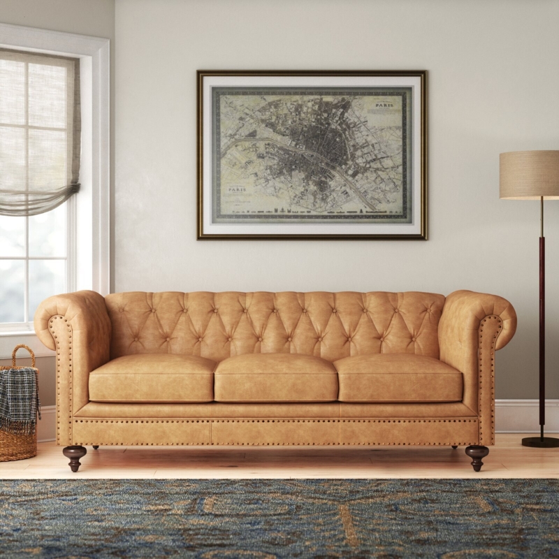 Classic Tan Leather Chesterfield Sofa for Living Room