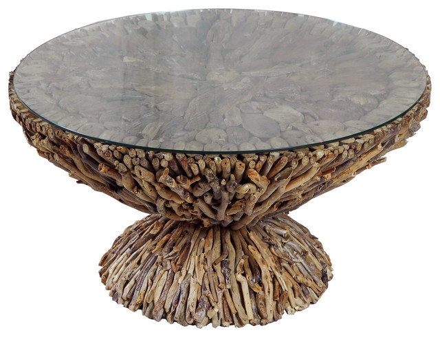 Coastal Driftwood Round Coffee Table with Glass Top