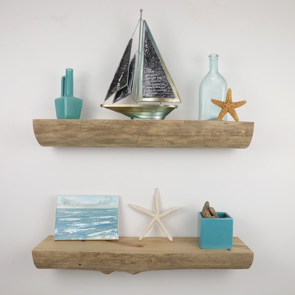 Coastal Floating Wood Shelves with Nautical Decor