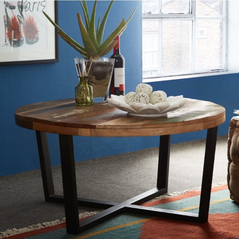 Coastal Reclaimed Wood Round Coffee Table with Metal Base