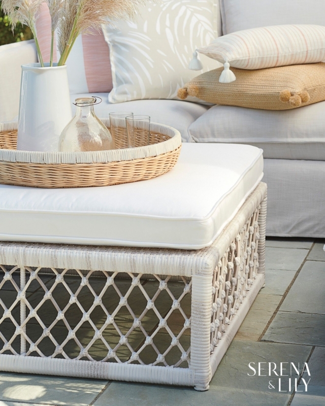 Coastal Wicker Ottoman Coffee Table with Cushions