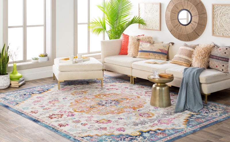 Colorful Floral Area Rug in Bright Living Room