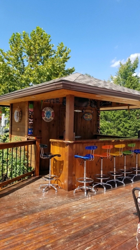 Colorful Outdoor Backyard Bar with Wooden Deck