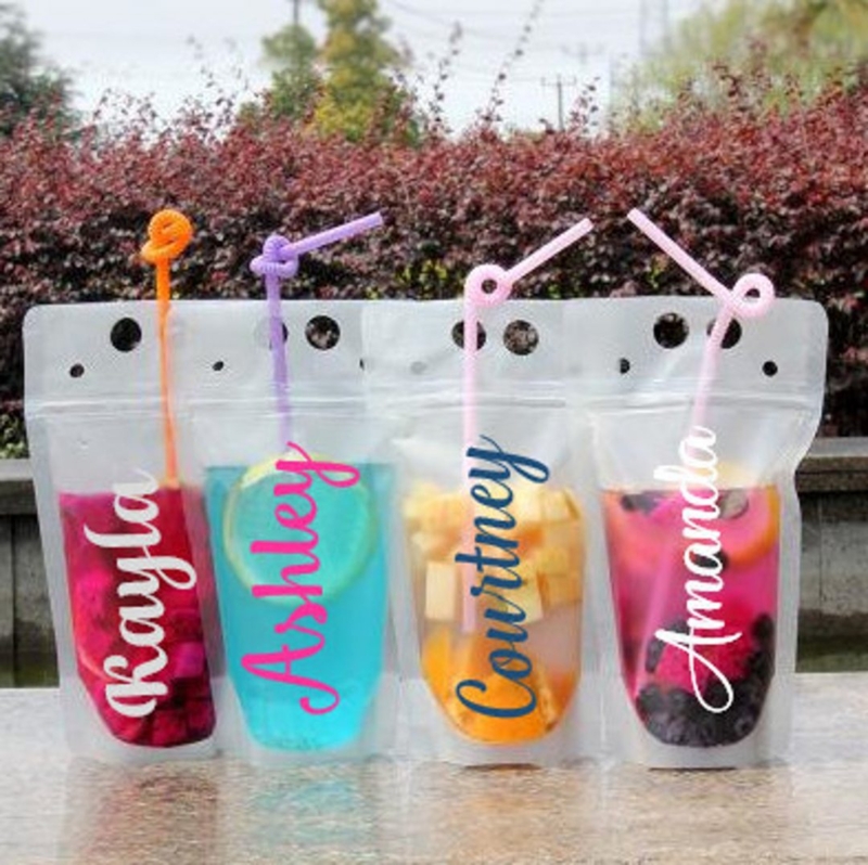 Colorful Personalized Poolside Drink Pouches with Straws