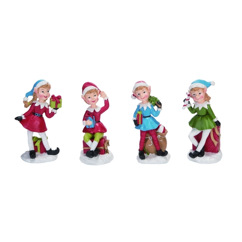 Colorful Red and Blue Elf Christmas Figurines Set