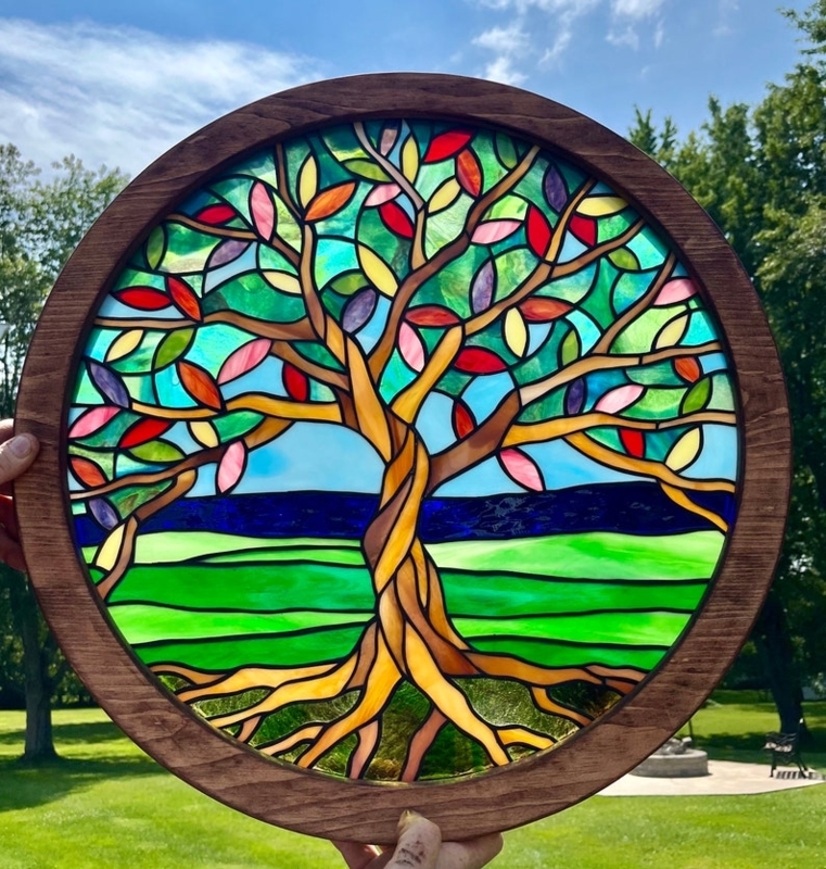 Colorful Round Tree of Life Stained Glass Window