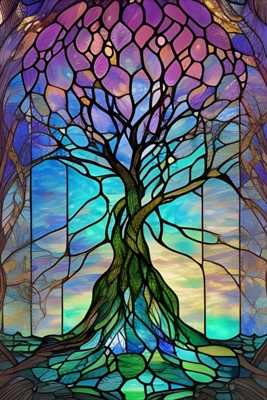 Colorful Stained Glass Tree Window Art