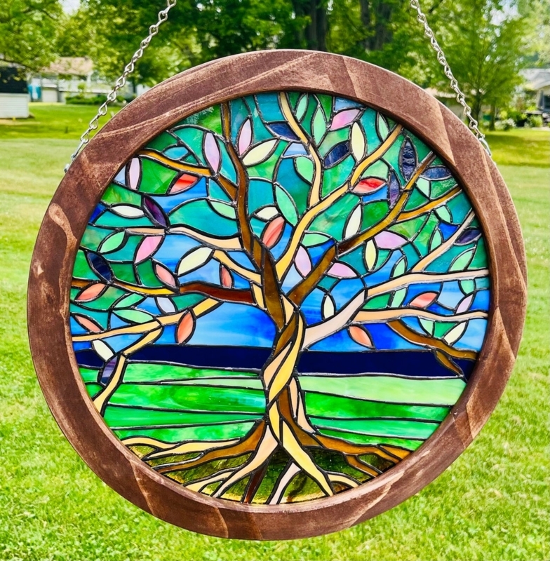 Colorful Tiffany Tree of Life Stained Glass Panel