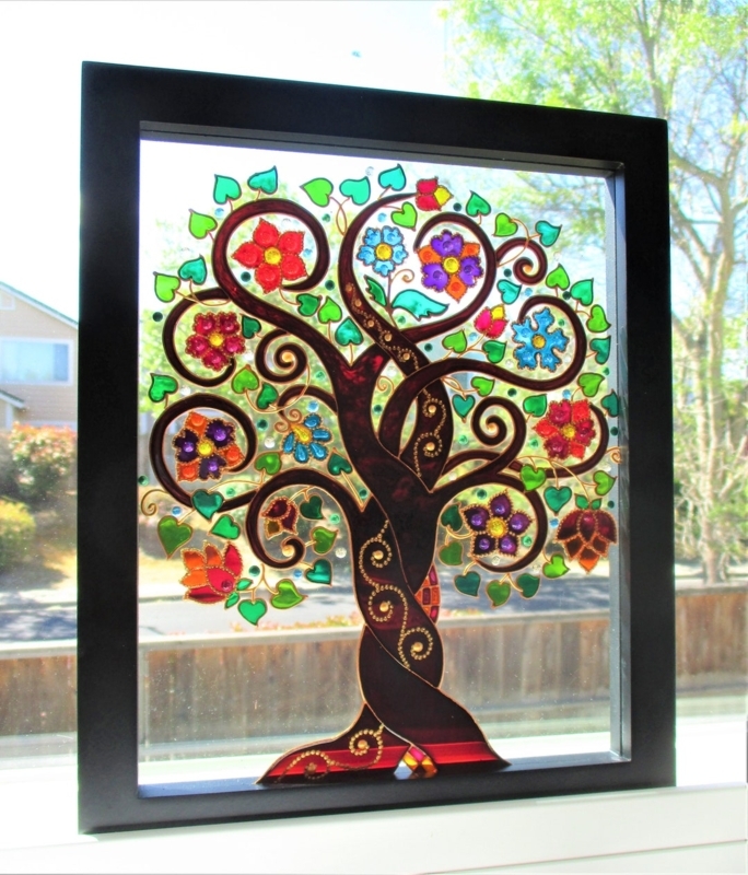 Colorful Tree of Life Stained Glass Window Art