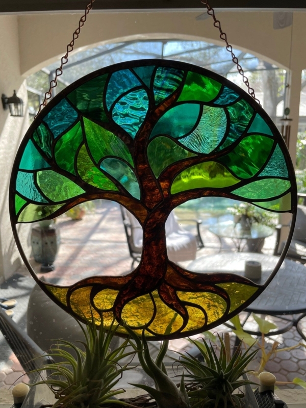 Colorful Tree of Life Stained Glass Window Art