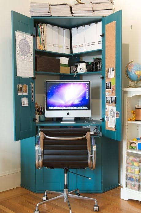 Compact Blue Corner Office Desk with Shelving Storage