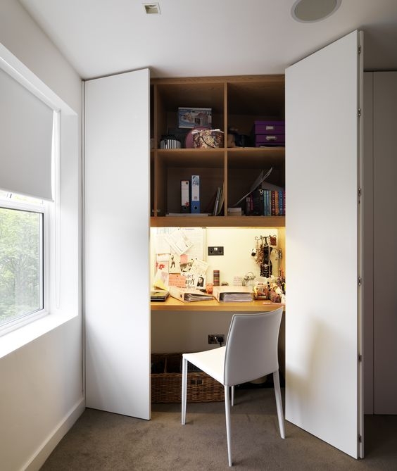 Compact Hidden Workspace with Custom Built-In Shelves