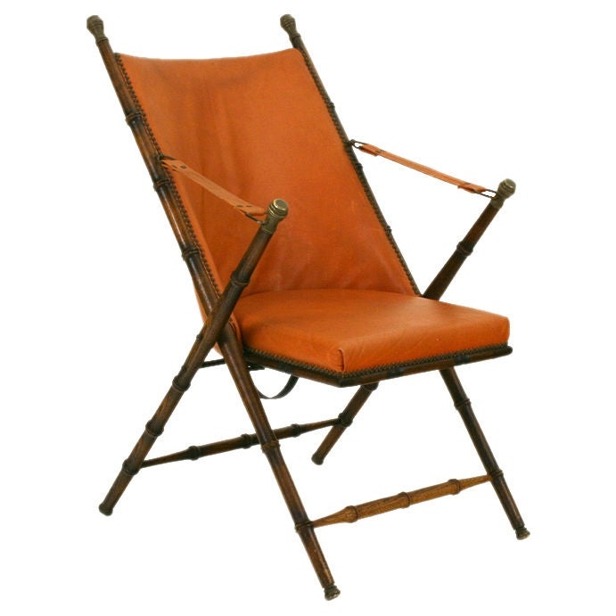 Continental Oak Brass Faux Leather Folding Campaign Chair