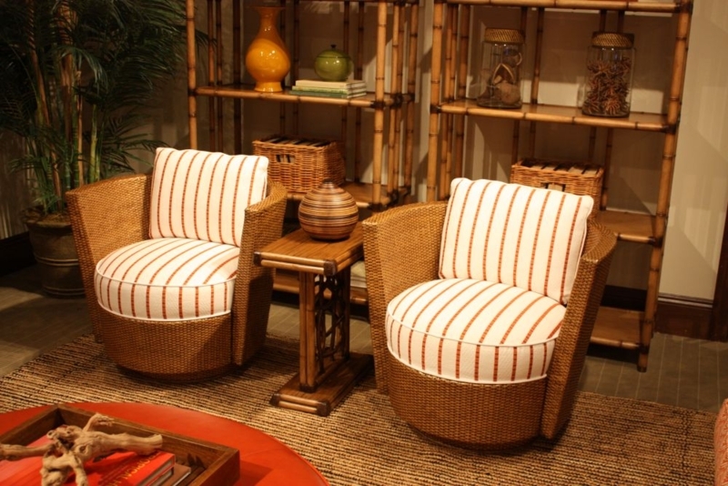 Cozy Bamboo Chairs with Striped Cushions in Living Room