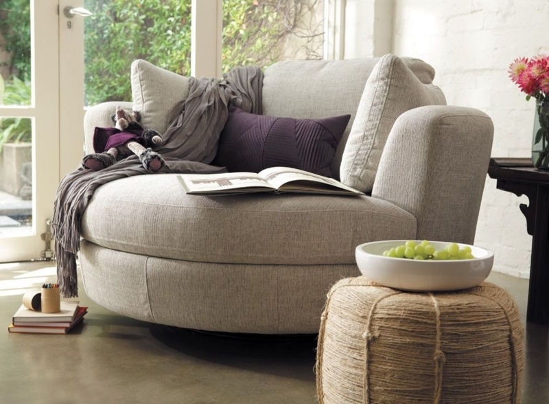 Cozy Beige Upholstered Cuddler Swivel Sofa Chair