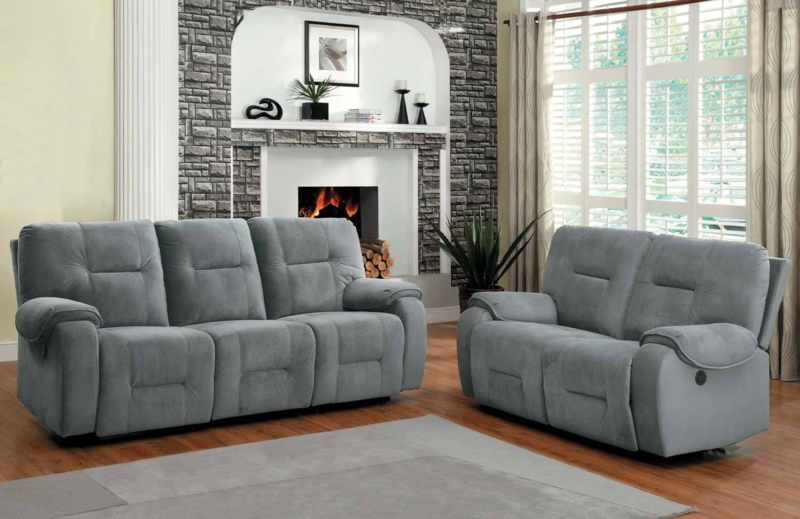 Cozy Blue Grey Reclining Sofas with Fireplace