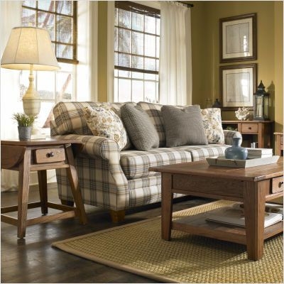 Cozy Blue Plaid Cottage Sofa in Rustic Living Room