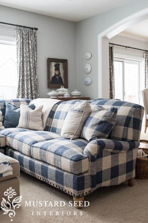 Cozy Blue Plaid Sofa in Country Living Room