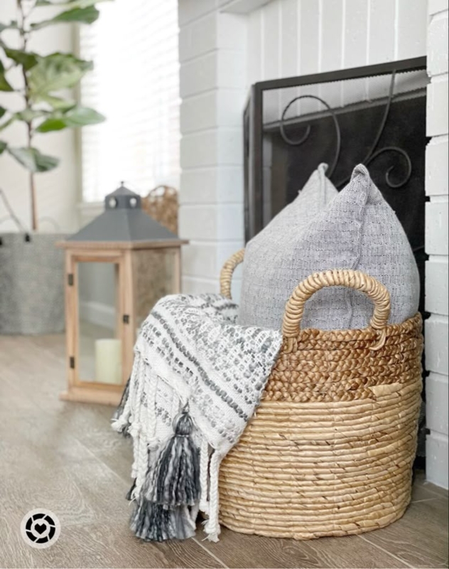 Cozy Fireplace Basket with Throw and Pillows
