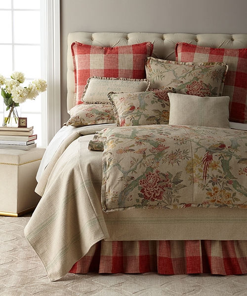 Cozy French Country Bedding with Floral and Plaid Patterns