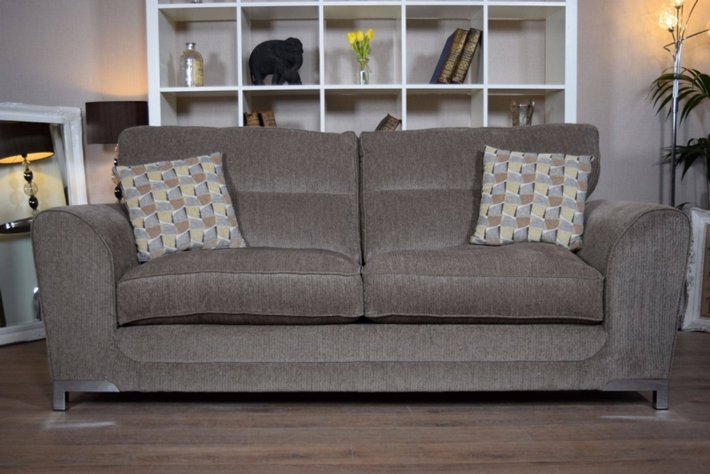 Cozy Grey Three-Seater Sofa with Patterned Cushions