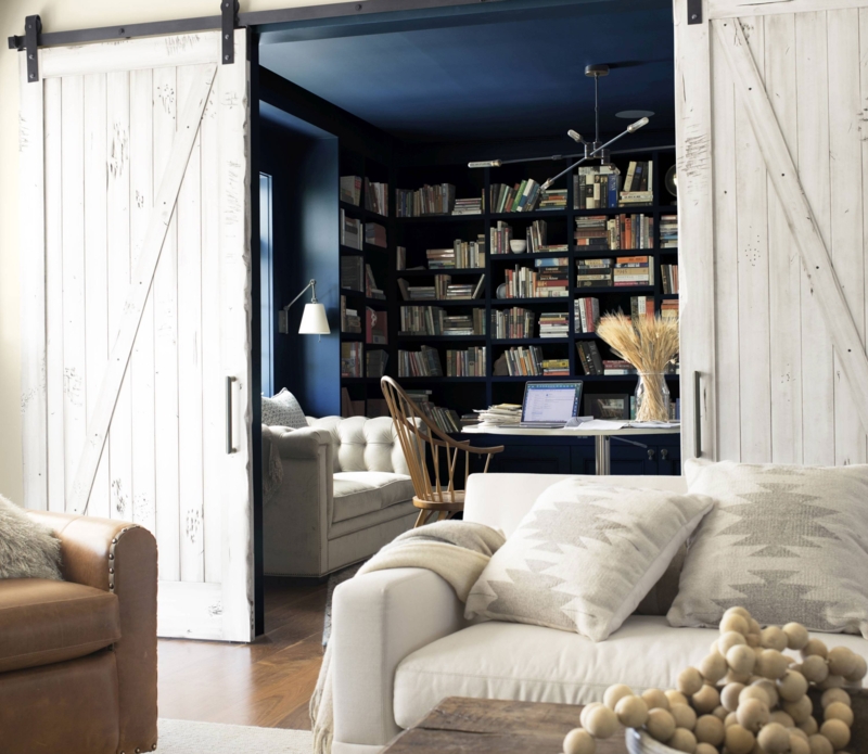 Cozy Home Office with Sliding Barn Doors and Bookshelves